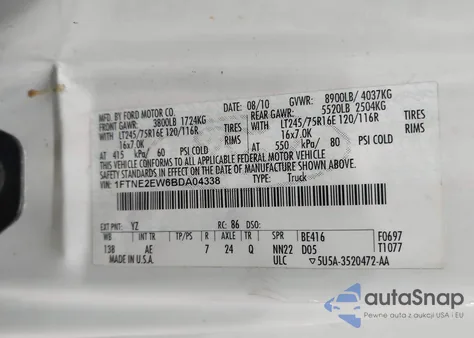 2011 Ford E-250 Commercial z USA, uszkodzony, nr VIN 1FTNE2EW6BDA04338